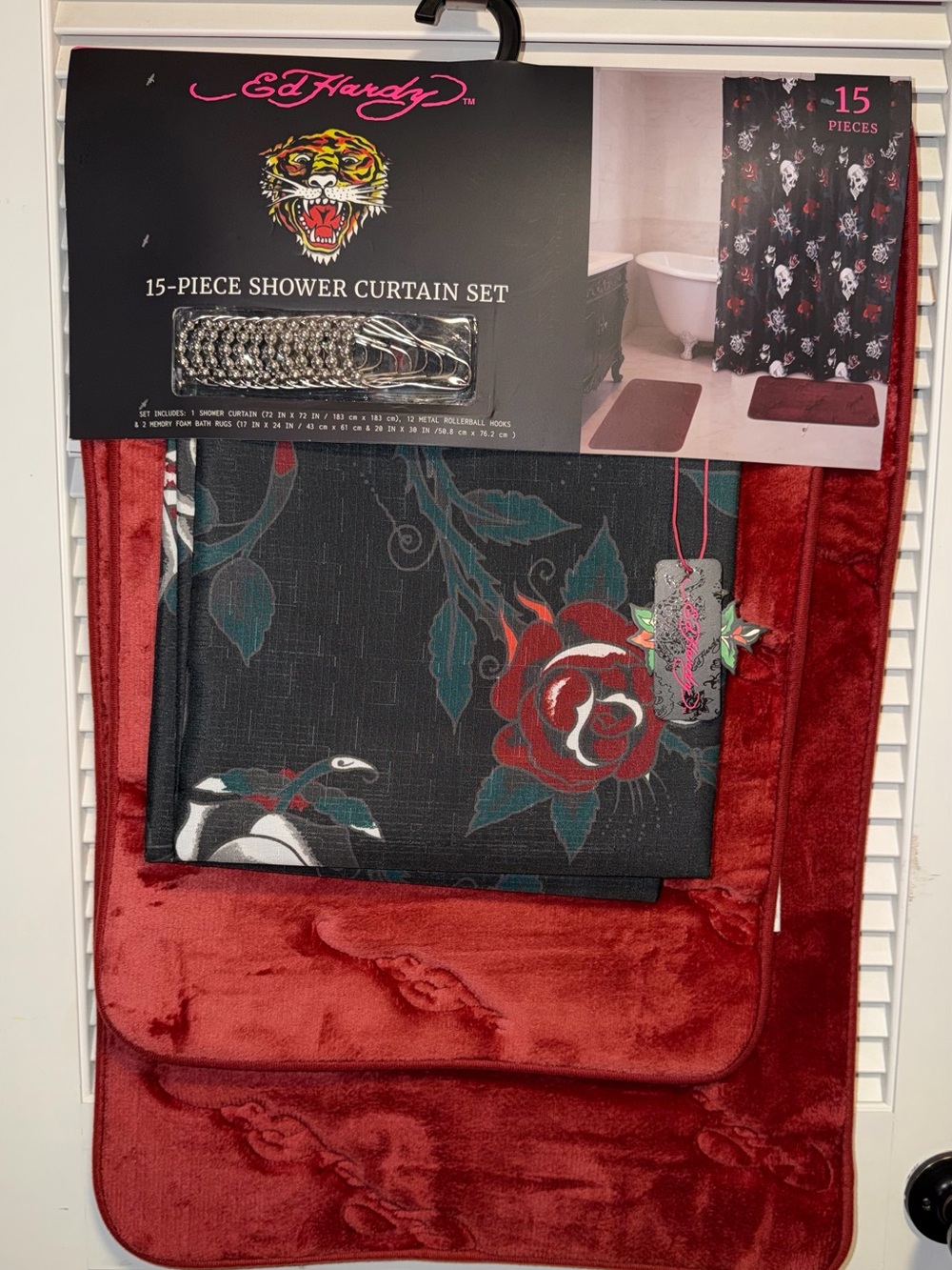 Ed Hardy Black Shower Curtain with Red Rose and Teal Leaves